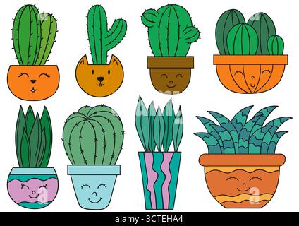Kakteen, Kakteen. Satz von farbigen Illustrationen im Stil der Handzeichnung. Schwarze Kontur. Design für Postkarten, Flyer, Banner, Raumdekoration. Symbole, Zeichen, sti Stock Vektor