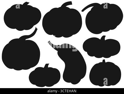 Kürbis. Set mit Silhouetten im Stil der Handzeichnung. Design für Rätsel und pädagogische Aufgaben von Kindern. Symbole, Schilder, Aufkleber, Pins, Logo Stock Vektor