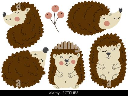 Igel. Satz von farbigen flachen Abbildungen. Design für Postkarten, Flyer, Banner, Raumdekoration. Symbole, Schilder Aufkleber Logo Stock Vektor