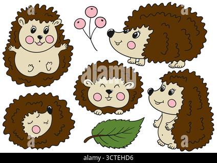 Igel. Satz von farbigen Illustrationen im Stil der Handzeichnung. Schwarze Kontur. Design für Postkarten, Flyer, Banner, Raumdekoration. Symbole, Schilder, Aufkleber Stock Vektor
