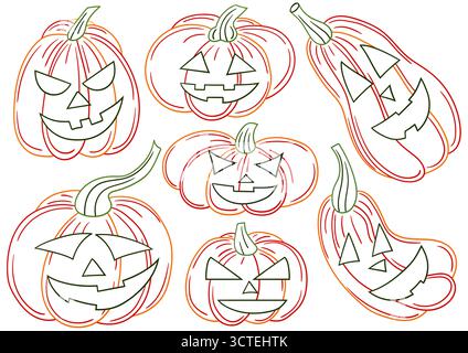 jack-o'-Laterne. Satz von Illustrationen im Stil der Handzeichnung. Handzeichnung, farbige Umrisse. Design zum Färben nach Farben, Postkarten. Symbole, Schilder, Aufkleber Stock Vektor
