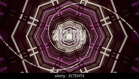 Dieses auffällige Muster verfügt über einen spiralförmigen Tunnel aus violetten und weißen geometrischen Formen, der einen faszinierenden visuellen Effekt erzeugt. Die Konstruktion zeichnet die Anzeigefunktion Stockfoto