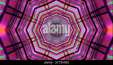 Ein faszinierender Tunnel mit einem sich wiederholenden sechseckigen Muster glänzt in hellen Farben. Neonlichter sorgen für eine lebendige Atmosphäre, die die Zuschauer dazu einlädt Stockfoto