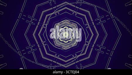 Ein faszinierendes Spiraldesign besteht aus ineinander greifenden geometrischen Mustern vor einem dunklen Hintergrund. Die Formen erzeugen Tiefe und ziehen das Auge des Betrachters auf t Stockfoto