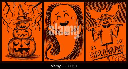 Halloween Party Einladungskarten, Poster Banner oder Vorlage für den Urlaub. Kürbisse und Spinnennetz, gruselige handgezeichnete Illustrationen. Geister und Stock Vektor