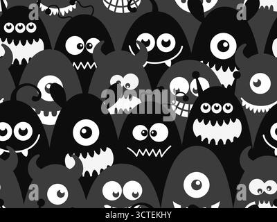 Nahtloses Schwarz-weiß-Muster mit niedlichen Doodle-Monstern. Lustige und gruselige Zeichentrickfiguren, perfekt für Halloween-Hintergründe, Kinderdekor Stock Vektor