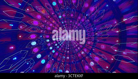 Ein lebendiger abstrakter Wirbel bietet farbenfrohe Lichter und geometrische Muster. Die Szene fängt einen fesselnden Spiraleffekt ein, der ein Gefühl von Tiefe und erzeugt Stockfoto