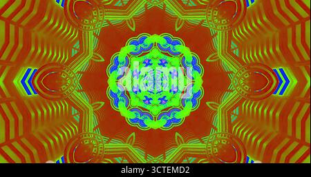 Ein lebendiges, komplexes geometrisches Muster zeigt ein kreisförmiges Design mit leuchtenden Farben wie Grün, Blau und Rot. Dieses Kunstwerk sorgt für ein ansprechendes Bild Stockfoto