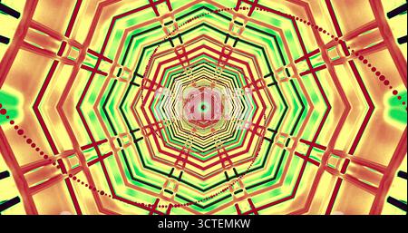 Dieses Bildmaterial verfügt über ein detailliertes geometrisches Design mit lebhaften Farben. Kreismuster und scharfe Linien erzeugen einen ansprechenden visuellen Effekt, der den zeichnet Stockfoto
