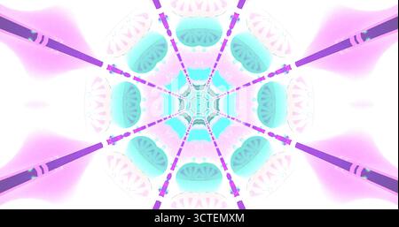 Ein lebendiges Kaleidoskop-Muster zeigt wirbelnde Farben und Formen und erzeugt so einen dynamischen visuellen Effekt. Das Design zeigt Rosa- und Blautöne mit Stockfoto