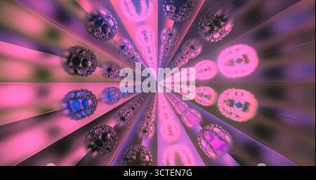 Leuchtende Rosa- und Violetöne verschmelzen in einer faszinierenden abstrakten Szene. Das Design verfügt über kreisförmige Formen und radiale Linien, die ein Gefühl von DE erzeugen Stockfoto