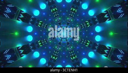 Hellblaue und grüne Lichter bilden ineinander greifende geometrische Muster in einer lebendigen Anzeige. Dieses faszinierende Array erzeugt ein Gefühl von Tiefe und Bewegung, inv Stockfoto