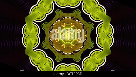 Ein lebendiges geometrisches Design mit Grün- und Gelbtönen bildet ein fesselndes Spiralmuster. Das Kunstwerk zeigt komplexe Formen und Symmetrien Stockfoto