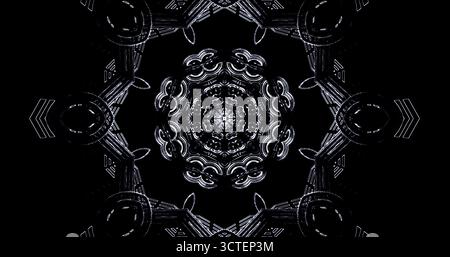 Dieses Bildmaterial verfügt über ein komplexes Schwarz-weiß-Design mit scharfen Linien und Formen, die ein symmetrisches Muster erzeugen. Es zeigt künstlerische Kreativität A Stockfoto