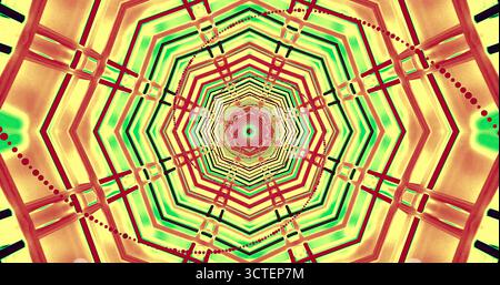 Dieses Bildmaterial verfügt über ein detailliertes geometrisches Design mit lebhaften Farben. Kreismuster und scharfe Linien erzeugen einen ansprechenden visuellen Effekt, der den zeichnet Stockfoto