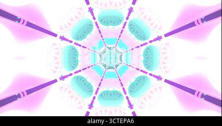 Ein lebendiges Kaleidoskop-Muster zeigt wirbelnde Farben und Formen und erzeugt so einen dynamischen visuellen Effekt. Das Design zeigt Rosa- und Blautöne mit Stockfoto