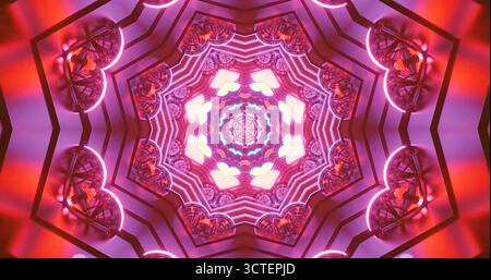 Das helle und farbenfrohe Kaleidoskop-Muster zeigt komplexe Formen und leuchtende Lichter in einem dunklen Raum und schafft ein faszinierendes visuelles Erlebnis. Stockfoto