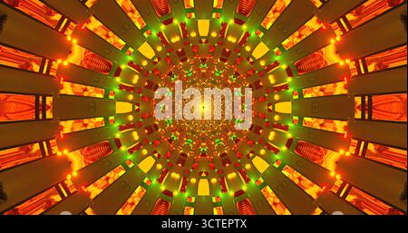 Dieses Bildmaterial zeigt ein lebendiges Kreismuster mit hellen Farben. Es verfügt über ein Kaleidoskop von Leuchten, die in einem symmetrischen Design angeordnet sind, Crea Stockfoto