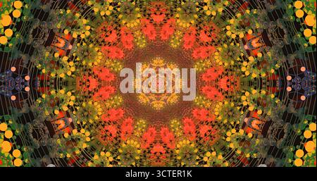 Lebendiges Mandala-Design mit komplexen Mustern und hellen Farben. Das Bildmaterial enthält kreisförmige Formen und eine Mischung aus Rot, Orange, Grün und Gelb Stockfoto