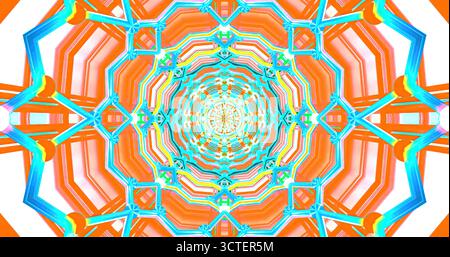 Helle Farben erzeugen ein wirbelndes geometrisches Muster. Formen und Linien verflechten sich und bilden einen auffälligen visuellen Effekt. Das Bildmaterial zeigt einen Eindruck von Stockfoto