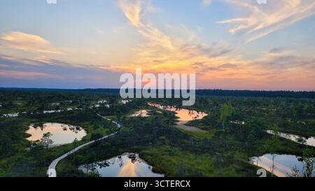 Ein atemberaubender Sonnenuntergang überzieht den Himmel mit leuchtenden Farben über einem weiten und ruhigen Moor im lettischen Nationalpark Ķemeri. Stockfoto