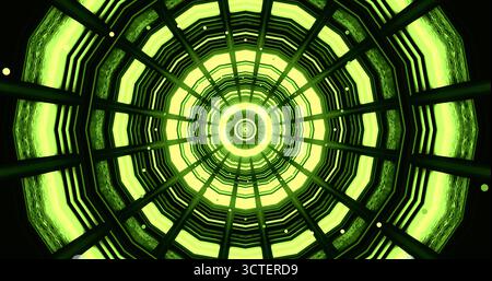 Dieses Kunstwerk zeigt ein leuchtendes grünes Kreismuster, das den Blick in die Tiefe zieht. Die geometrischen Formen sorgen für ein fesselndes visuelles Erlebnis Stockfoto