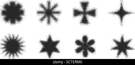 Pixelsterne mit Rastereffekt. Bitmap-ästhetische Formen für trendiges Design der 2000er Jahre. Digitale abstrakte Figuren. Geometrische Vektorfunkeln und funkeln an Stock Vektor