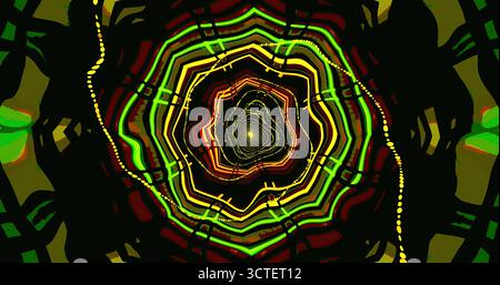 Die Szene zeigt ein lebhaftes Spiralmuster mit hellen Farben und wirbelnden Formen. Dieses abstrakte Design sorgt für ein dynamisches, dynamisches Gefühl Stockfoto