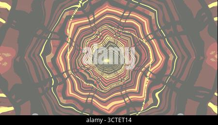 Kompliziertes Spiralmuster mit leuchtenden Farben sorgt für einen faszinierenden visuellen Effekt. Die Konstruktion besteht aus Kurven und Linien, die sich nahtlos vermischen und somit die Zeichnung der Linien darstellen Stockfoto