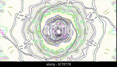 Wirbelnde Muster mit leuchtenden Farben und komplizierte Linienführung schaffen ein faszinierendes Design. Das Bildmaterial besteht aus Spiralen und geometrischen Formen, die zeichnen Stockfoto