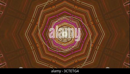 Ein wirbelndes Muster aus leuchtenden Farben erzeugt einen faszinierenden Spiraleffekt. Das Design zeichnet sich durch geometrische Formen aus, die in warmen Farbtönen reflektiert werden, cr Stockfoto