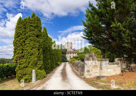 Ländliche Zufahrt zum Chateau de Curton in Daignac, Gironde, Frankreich, unter blauem Himmel Stockfoto