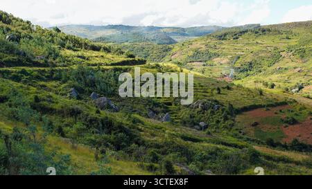Typische Landschaft Madagaskars - grüne und gelbe Reisfelder auf kleinen Hügeln mit Tonhäusern in der Nähe von Vohiposa Stockfoto