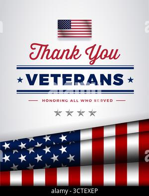 Veterans Day Vektor typographische vertikale Banner mit Danke Veteranen und USA Flagge - Vektor Illustration Stock Vektor