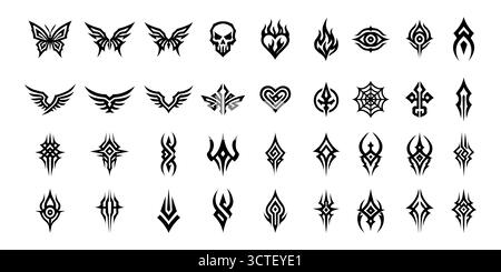 Kollektion von Tribal Tattoo Symbolen mit Schädelherzen, Flügeln und Flammen Stock Vektor