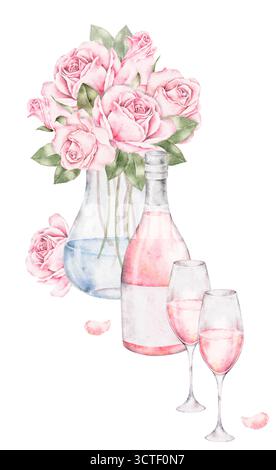 Aquarellkomposition mit rosa Rosen in einer Glasvase und einer Flasche Sekt mit zwei Gläsern auf weißem Hintergrund. Perfekt für Valentinskarte Stockfoto