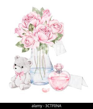 Aquarellillustration mit Teddybär, der neben einem Blumenstrauß rosa Rosen in Vase und Parfümflasche sitzt. Romantische und sanfte Kunstwerke, perfekt für die Begrüßung Stockfoto