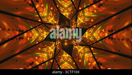 Ein brillantes Kaleidoskop-Design mit wirbelnden Farben und Mustern. Die leuchtenden Rot-, Grün- und Orangen fließen zusammen und schaffen ein faszinierendes Vis Stockfoto