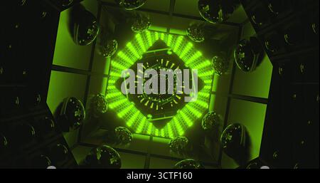 Hellgrüne Lichter erzeugen ein markantes Spiralmuster in einem dunklen, geschlossenen Raum. Das Design weist kreisförmige Formen auf, die das leuchtende Licht reflektieren. Stockfoto