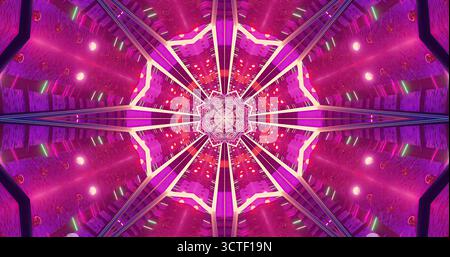 Leuchtende Neonfarben erzeugen ein atemberaubendes geometrisches Muster in einem Tunnel. Die Lichtstrahlen strahlen strahlen nach außen aus und verstärken die faszinierende visuelle Wirkung der Vibran Stockfoto
