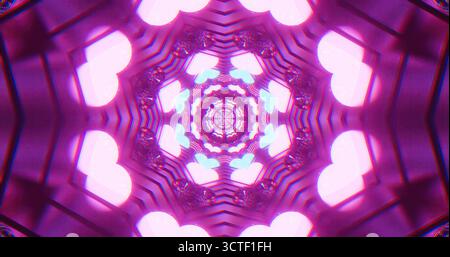 Das lebendige Kaleidoskop-Design zeigt helle Herzformen und wirbelnde Muster in violetten, rosa und blauen Tönen. Diese künstlerische Kreation fesselt Stockfoto