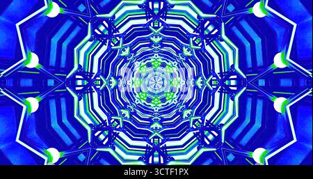 Lebendiges geometrisches Design mit einem wirbelnden Muster in Blau und Grün. Die komplizierten Formen erzeugen ein Gefühl von Tiefe und Bewegung, das t fesselnd ist Stockfoto