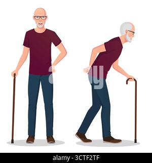 Älterer Mann, der mit Einer Stock-Vektor-Zeichentrickfigur-Illustration läuft Stock Vektor