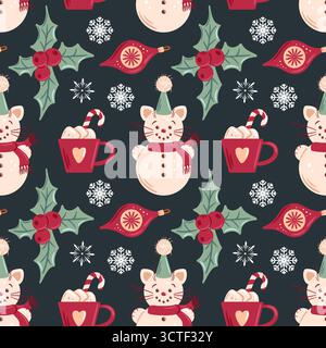 Nahtloses Muster mit einer Schneemannskatze, stechpalmenblättern, heißer Schokolade und Zuckerstangen. Dieses skurrile Design bringt einen verspielten Urlaubszauber, ideal Stock Vektor