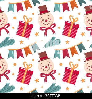 Nahtloses Muster mit Schneemann, Fahnen, Weihnachtsbaum und Geschenkboxen. Dieses festliche Design versprüht Urlaubsfreude und macht es perfekt für Stock Vektor