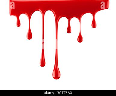 Rote Farbe tropft isoliert auf weißem Hintergrund. 3D-Rendering. Stockfoto