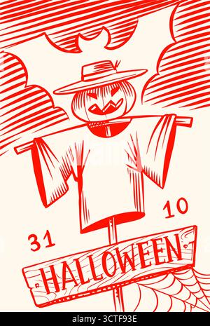 Scarecrow Halloween Einladungskarte zum Feiern. Poster oder Banner für den Urlaub, gruselige Vorlagen mit Kürbis, Skelette Gräber und Geister Stock Vektor