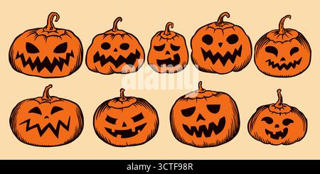 Set aus niedlichen und gruseligen halloween-Kürbissen für Festlichkeiten oder Einladungsplakate und -Karten. Handgezeichnetes gruseliges Gemüse mit Gravur Stock Vektor