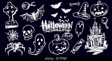 Kollektion mit handgezeichneten Halloween-Elementen. Kreuzripp und Fledermaus, totes Auge und Hexenhut. Kürbisspinne und Gruselhaus, Fledermäuse fliegen und Geister für Stock Vektor
