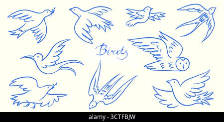 Eine Sammlung wunderschöner einseitiger Vögel. Friedenssymbole. Eulen, Tauben und Schlucken. Colibri einzeilige handgezeichnete Gravur. Stock Vektor